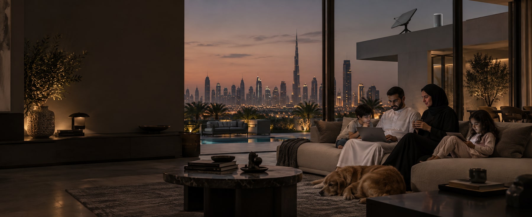 UAE family comparing fibre, 5G wireless and satellite home internet plans