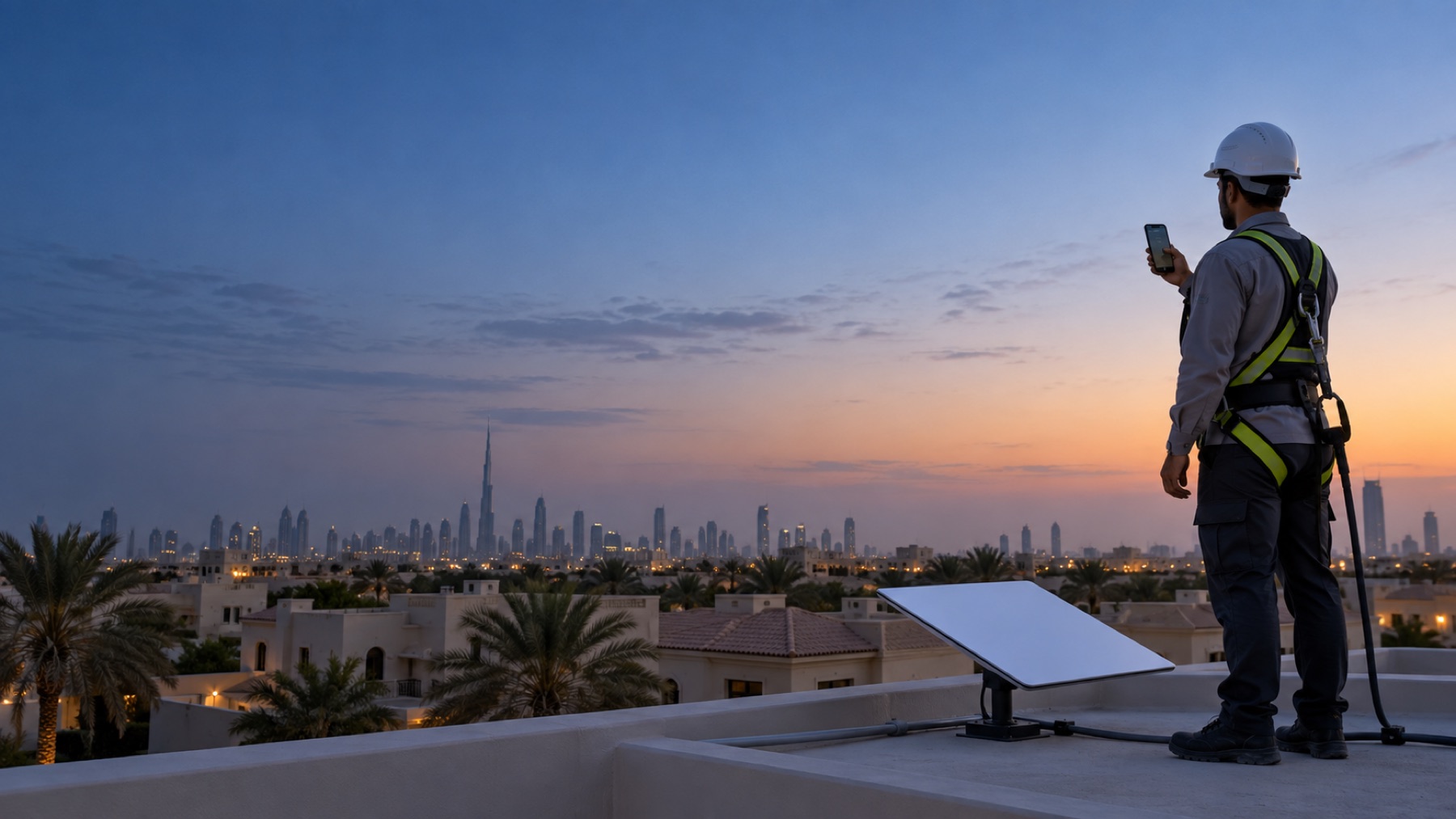 Technician checking roof access and clear sky at a UAE property