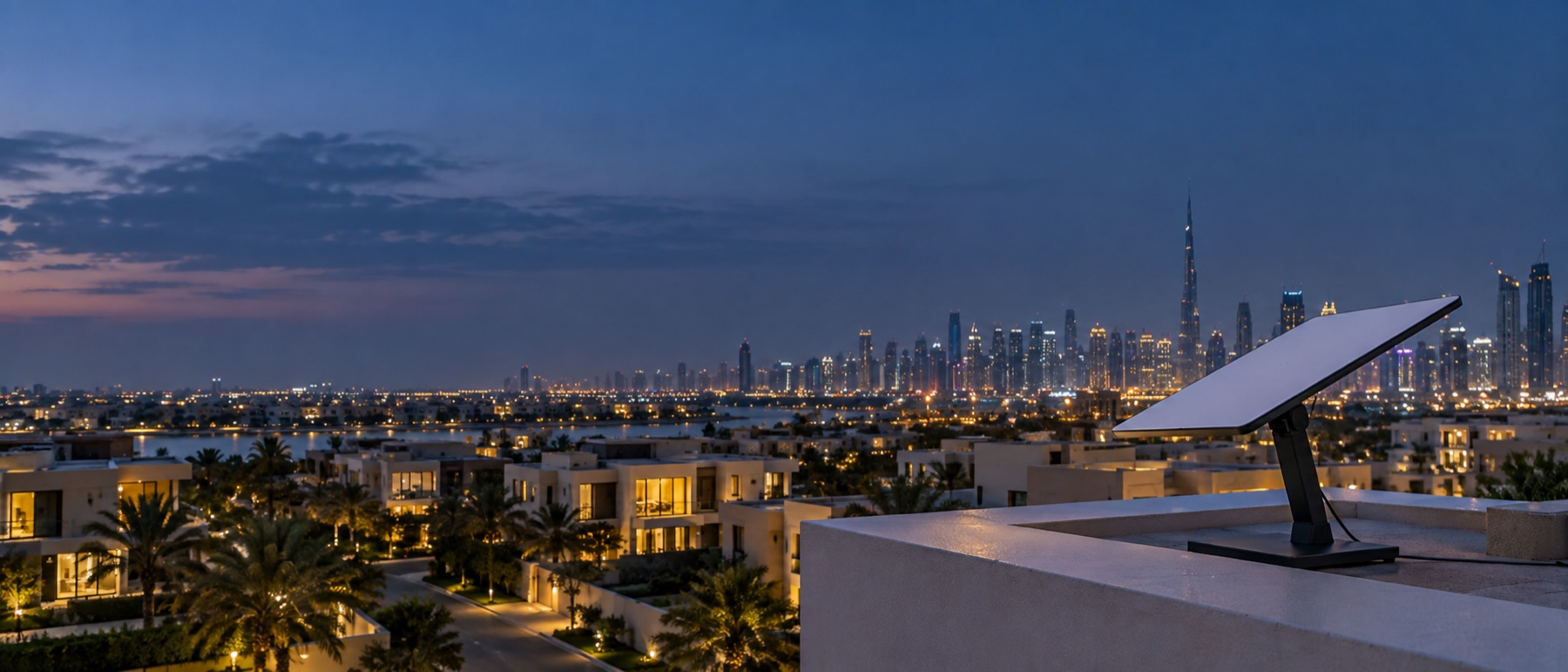 Dubai villa and skyline at dusk with an unbranded rooftop terminal
