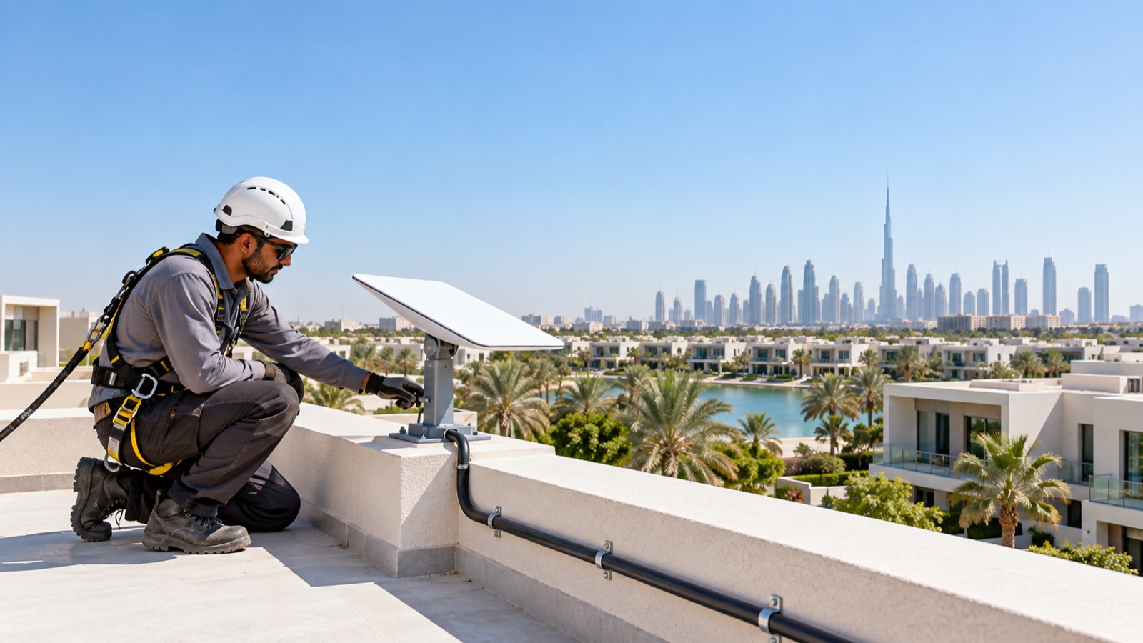 Technician safely surveying a satellite terminal on a UAE villa roof