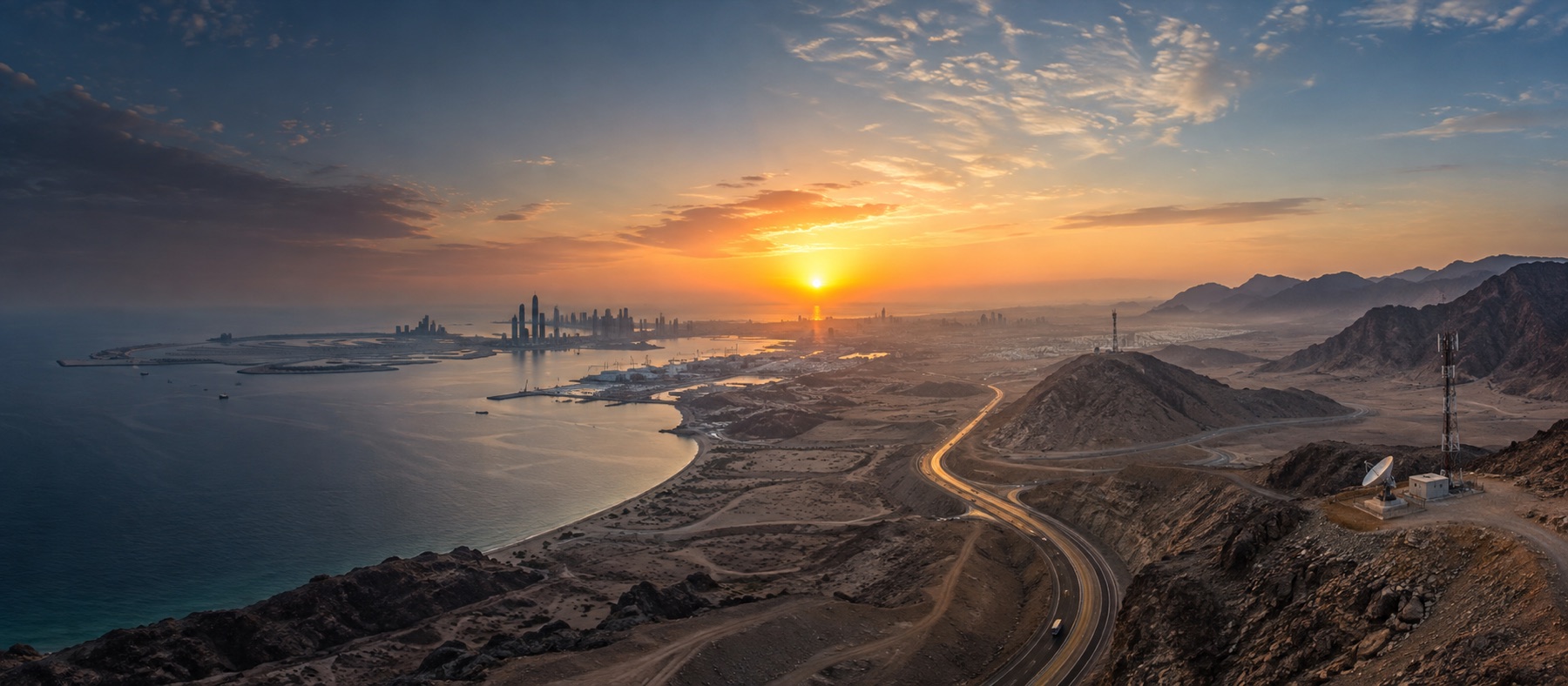 Wide UAE landscape representing city, coast and remote connectivity needs
