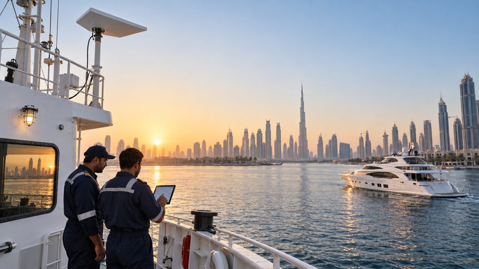 Crew checking an unbranded satellite internet installation on a vessel in Dubai