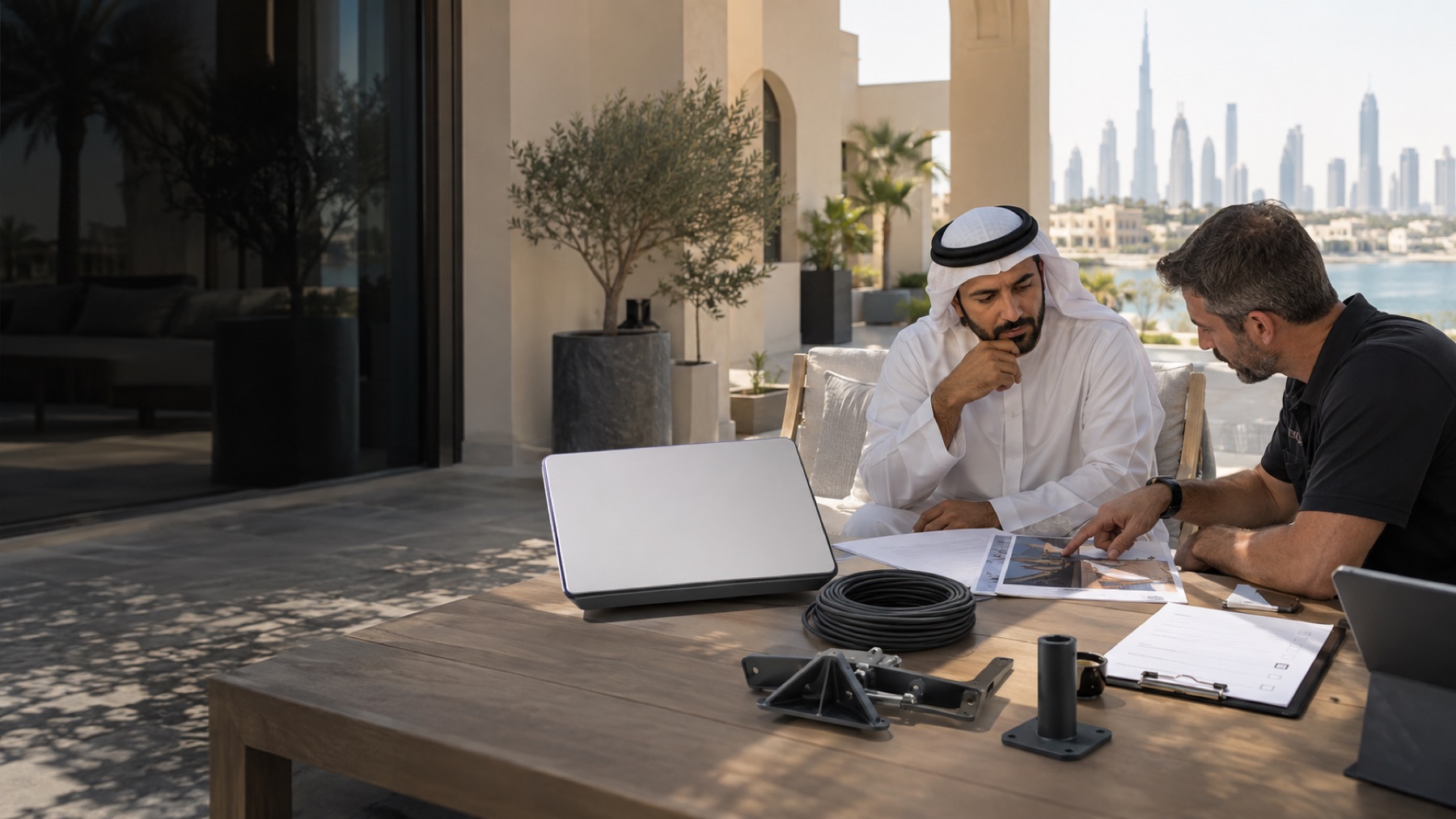 UAE property owner and adviser reviewing satellite equipment and setup costs