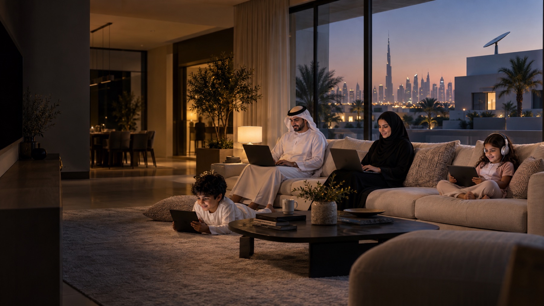 Family using home internet in a contemporary UAE villa