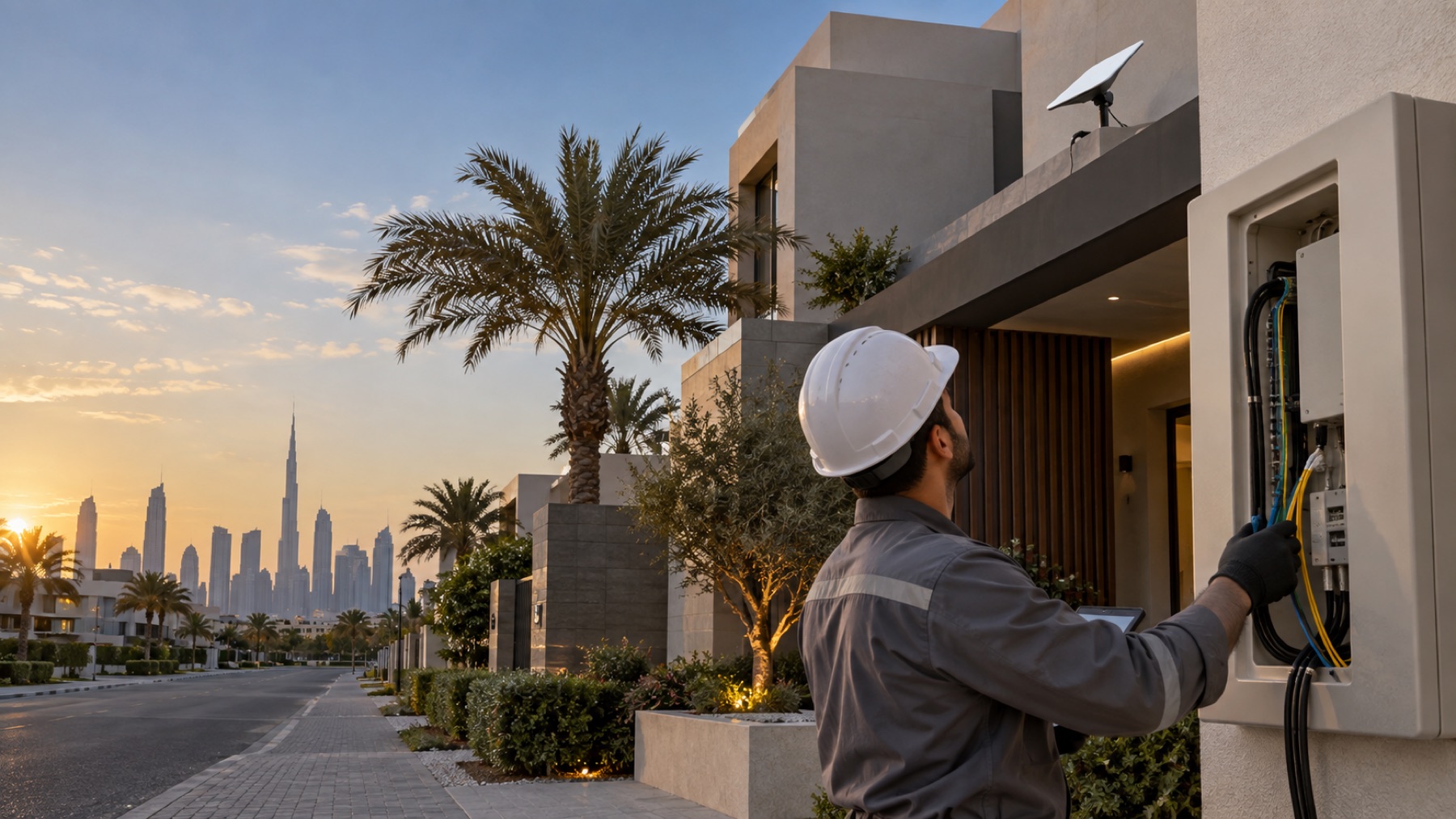 UAE villa showing fibre and rooftop satellite access paths side by side