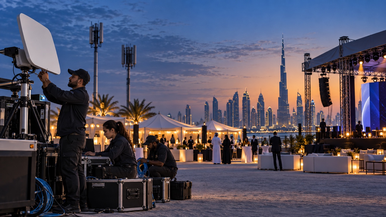 Technicians setting up temporary event internet in Dubai