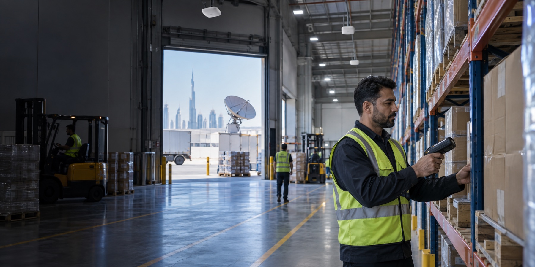 UAE warehouse aisle with connected scanners and network equipment